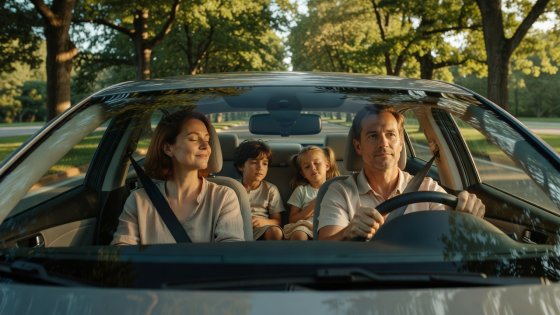 A family listening peacefully together in an automobile interior while cruising along a tree-lined avenue