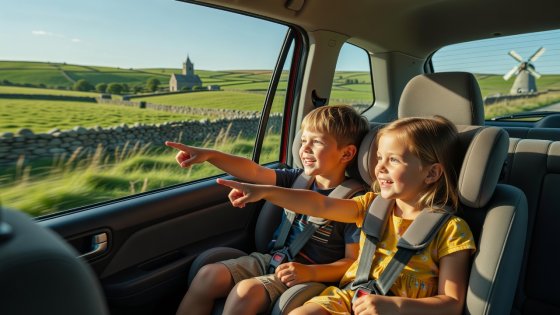 Two young children seated in safety seats pointing toward countryside landmarks out of the car window