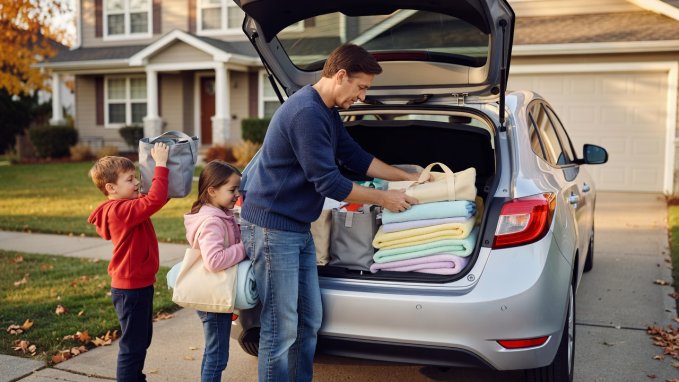 A parent neatly arranging bags and folded blankets into the open boot of a hatchback