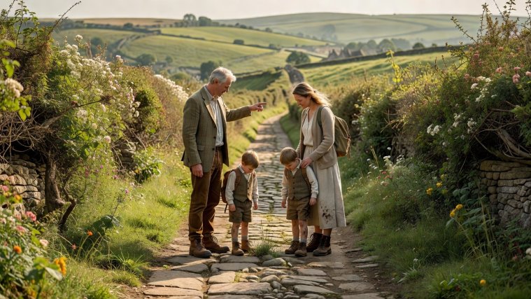 A family taking a leisurely walking break along a stone lane beside hedgerows
