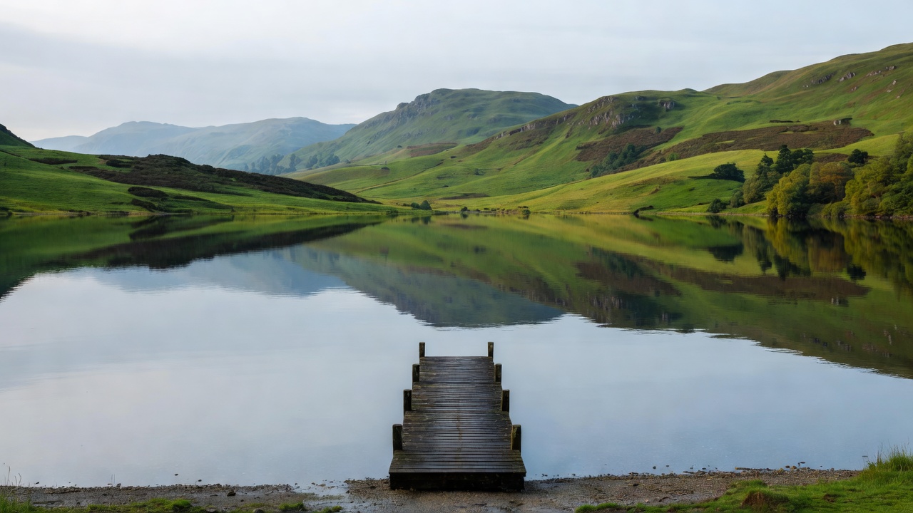 A quiet lake shoreline in Cumbria with calm water, surrounding green hills and a small wooden pier
