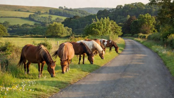 A group of wild ponies grazing safely along a grass verge bordering a rural asphalt road