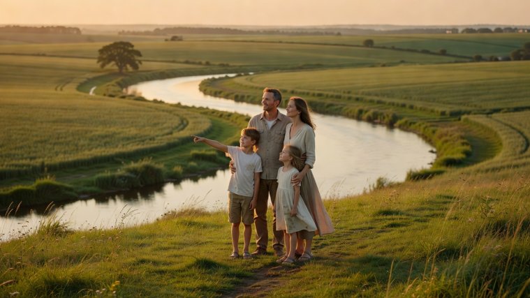A family of four standing together on a grass hill overlooking a river bend and fields